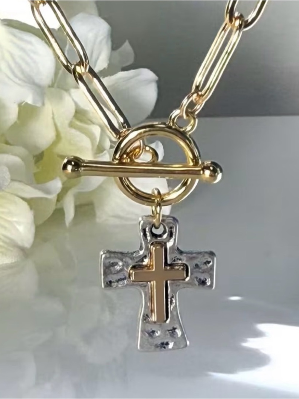 Gold and Silver Cross Pendant Necklace - Women's Jewelry